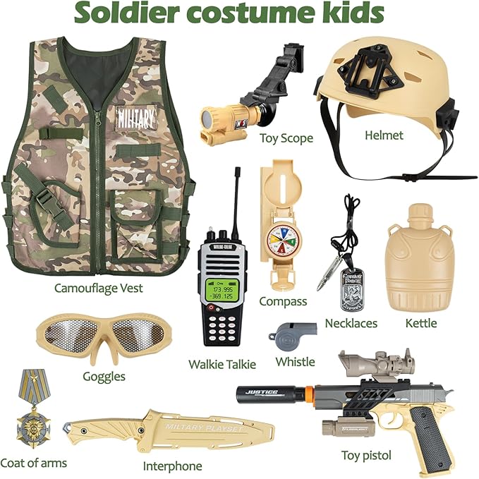 RedCrab Kids Army Costume, 12 Pcs Military Soldier Combat Dress Up Set for Aged 3-12 Toddlers, Camouflage War Accessories Halloween Role Play Costume for Children Boys