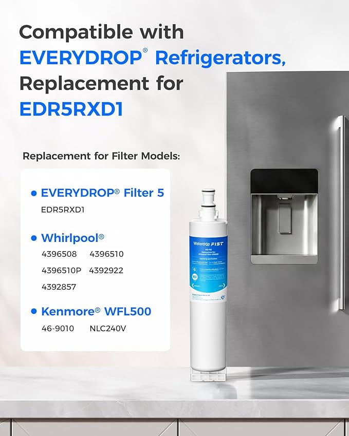 Waterdrop 4396508 Refrigerator Water Filter, Replacement for EveryDrop® Filter 5, EDR5RXD1 Whirlpool® 4396508, 4396510, 4392857, Kenmore® 46-9010, NLC240V, 1 Pack