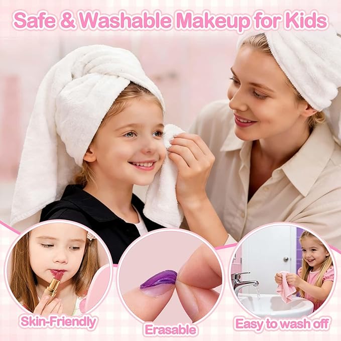 Kids Makeup & Nail Kit for Girls, Washable Cosmetic with Unicorn Storage Case, Kids Play Makeup Set, Girls Nail Polish and Press on Nails for Girl Birthday Gift 8 10 11 12+