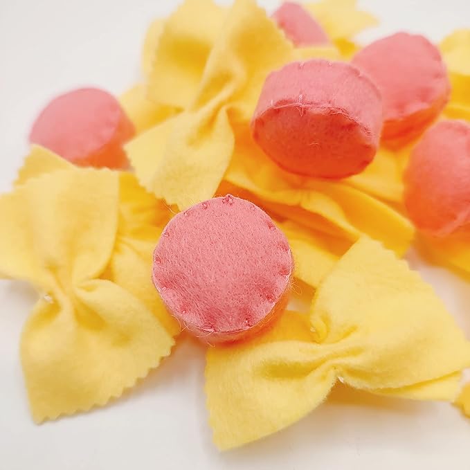 Felt play food Pasta farfalle with sausage for pretend play in kids kitchen, plush fake realistic bow tie (beige farfalle, Large set (24 farfalle, 6 sausages))