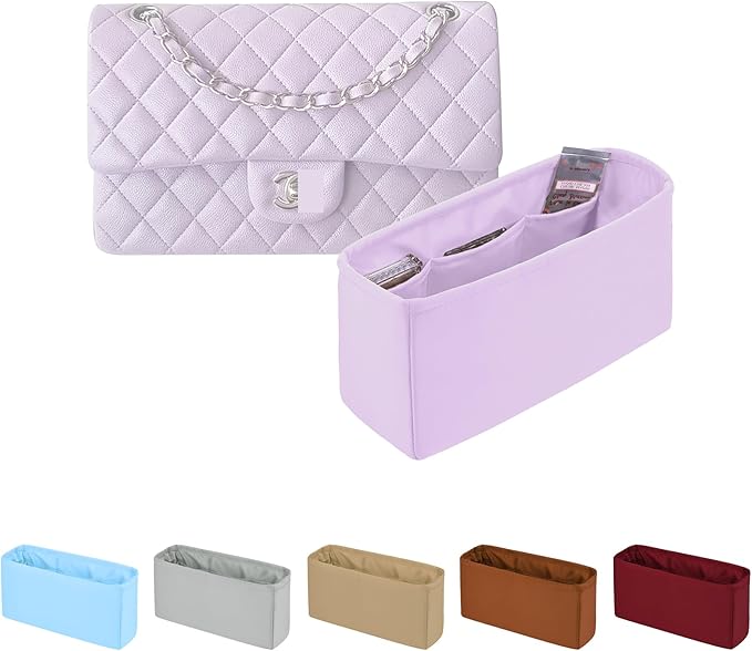 Classic Flap Bag Organizer Insert, Purse Organizer Insert Compatible with Chanel Classic Flap Mini, Lightweight Purse Divider with Pockets (Plum, CF Mini)