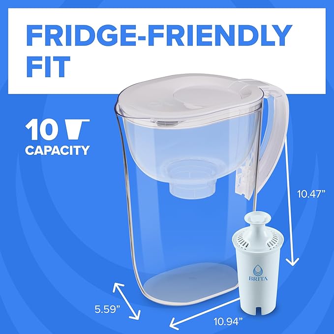 Brita 10 Cup Water Filter Pitcher, Reduces Chlorine, Mercury, Cadmium, Copper and More, Includes 1 Brita Plus Filter, BPA Free, Clear