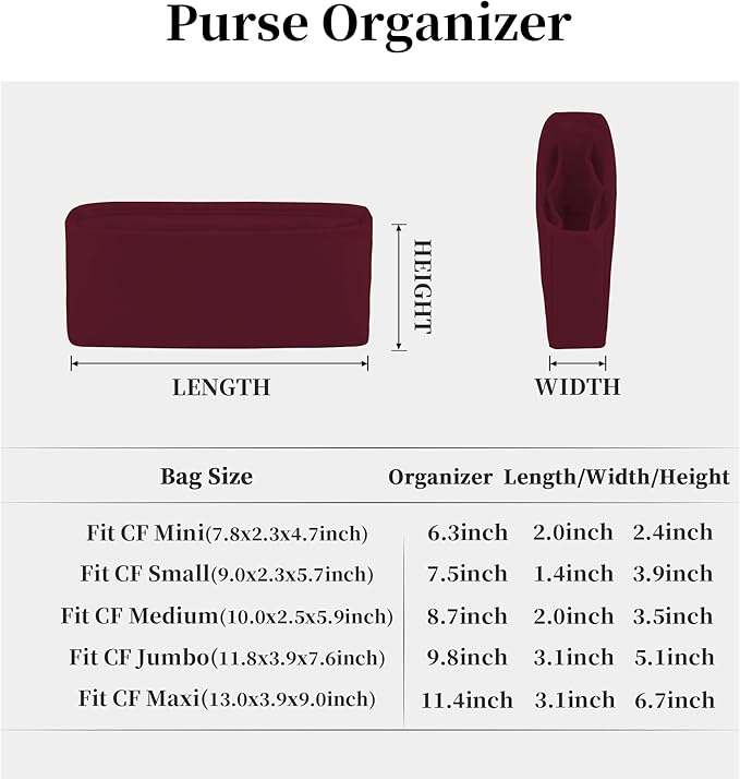 Classic Flap Bag Organizer Insert, Purse Organizer for Handbag Compatible with Chanel Classic Flap Jumbo, Multiple Pockets Bag Organizer (Rouge Grenat, CF Jumbo)