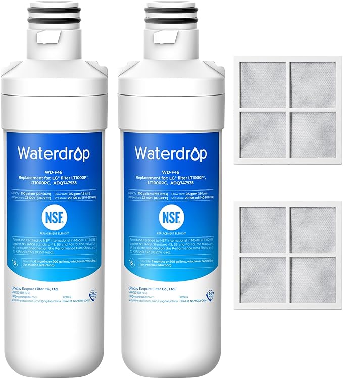 Waterdrop LT1000PC ADQ747935 Refrigerator Water Filter and Air Filter, Replacement for LG® LT1000P®, LMXS28626S, LFXS26973S, LFXS26596S, LFXS28596S, ADQ74793501, ADQ74793502 and LT120F®, 2 Combo