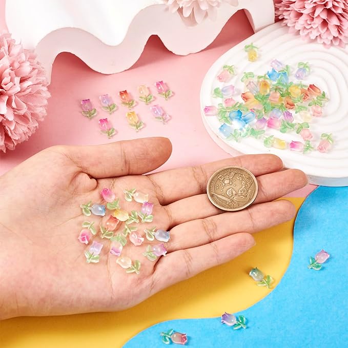 160Pcs Luminous Tulip Nail Charms Glow in The Dark Tulip Resin Cabochons Flat Back 3D Tulip Flower Nail Art Decoration for Women Nail Design Manicure Crafts Phone Case Hair Clip Decor