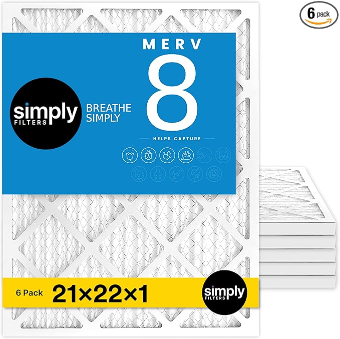 Simply 21x22x1 Air Filter, Merv 8, 6 Pack, For Home AC Furnace & HVAC (Actual Size: 20.75"x21.75"x0.75") DUST, Pet, & Allergy Control