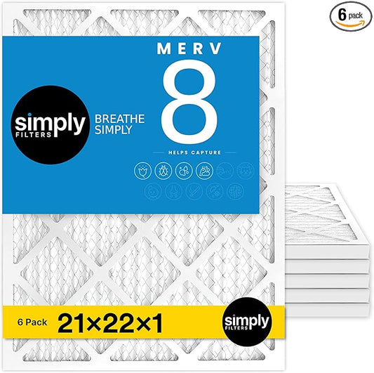 Simply 21x22x1 Air Filter, Merv 8, 6 Pack, For Home AC Furnace & HVAC (Actual Size: 20.75"x21.75"x0.75") DUST, Pet, & Allergy Control