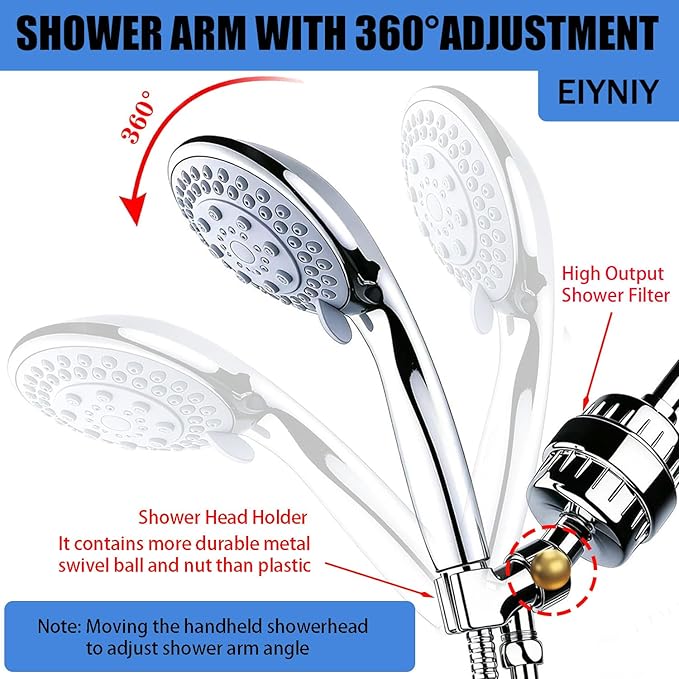Universal Shower Filter, High Output with Replaceable 15-Stage Cartridge to Remove Chlorine & Impurities, Improve Water Quality for Skin & Hair Care, Chrome，with Bracket Holder (EY-009S)