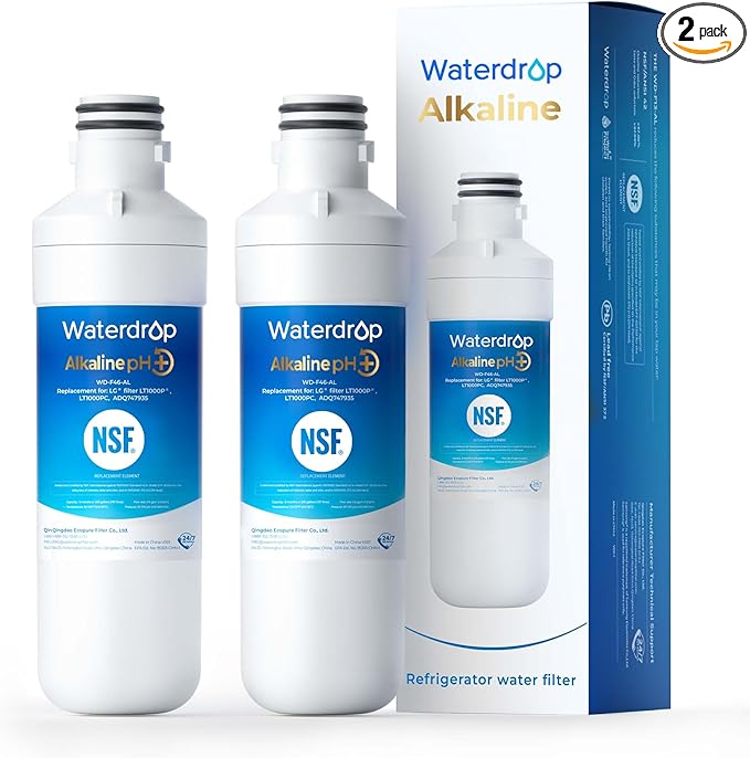 Waterdrop Alkaline LT1000PC ADQ747935 Replacement for LG® LT1000P®/PC/PCS ThinQ® Refrigerator Water Filter, LFXS26973S, LMXS28626S, LMWS27626S, LFXS28596S, LFXS26596S, Enhance PH, 2 Filters