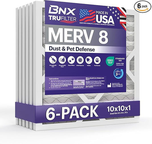 BNX TruFilter 10x10x1 Air Filter MERV 8 (6-Pack) - MADE IN USA – Dust & Pet Defense Electrostatic Pleated Air Conditioner HVAC AC Furnace Filters for Dust, Pet, Mold, Pollen MPR 600 – 700 & FPR 5