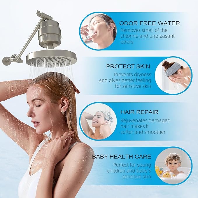 Yodel Shower Filter with 6 Cartridge Brushed Nickel - Hard Water Softener, 99% Removes Chlorine & Impurities, Improves Skin & Hair Condition, Universal Fit for Shower Heads