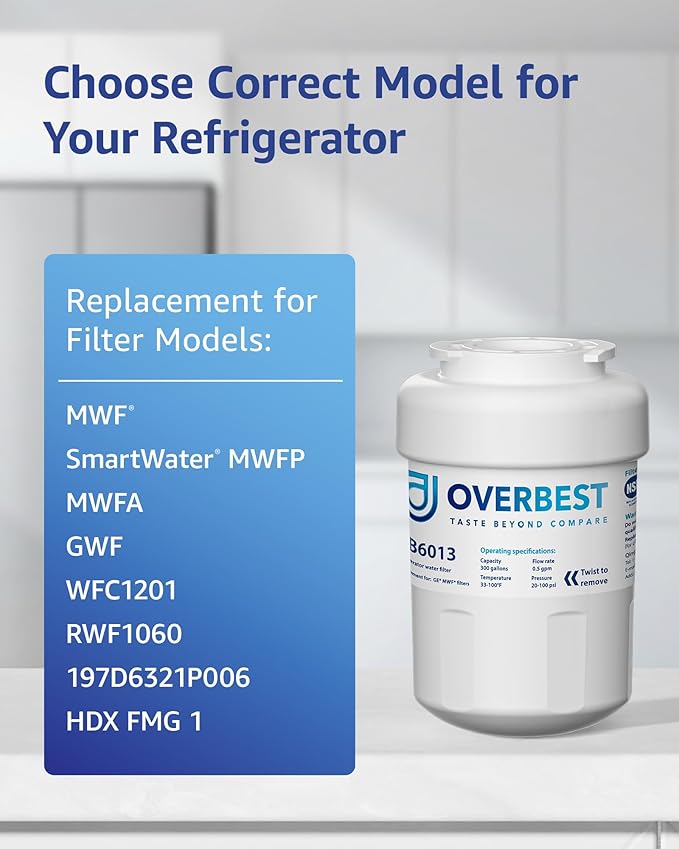 Overbest OB6013 Replacement for GE® MWF®, Smartwater® MWFP, MWFA, GWF, HDX FMG-1, WFC1201, GSE25GSHECSS, Kenmore® 9991, RWF1060 Water Filter, 3 Filters