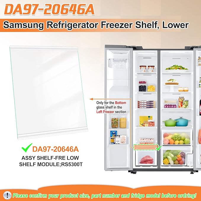 UPGRADED DA97-20646A Freezer Glass Shelf Compatible with Samsung Refrigerator Freezer Shelf Lower RS27T5200SR RS27T5201SR RS27T5561SR Fit Bottom Freezer Drawer Samsung Refrigerator Shelf Replacement