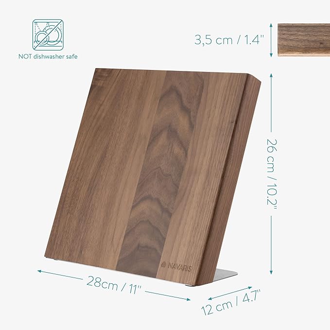 Navaris Wooden Magnetic Knife Holder - Universal Wood Magnetic Knife Block - Organizer for Knives Scissors Kitchen Cutlery - Walnut 10.9" x 10.8"