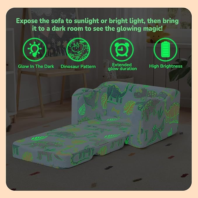MeMoreCool Glowing Dinosaur Kids Chair, 2-in-1 Convertible Kids Couch Fold Out to Lounger, Glow-in-the-Dark Dino Sofa for Boys Ages 1-3, Soft Foam Flip-Out Seat with Washable Cover, Sky Blue | Reading, Relaxing