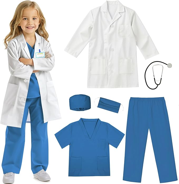RioRand Doctor Costume for Kids With Stethoscope Lab Coat Career Day Costume Halloween Dress Up For Boys Girls 3-12