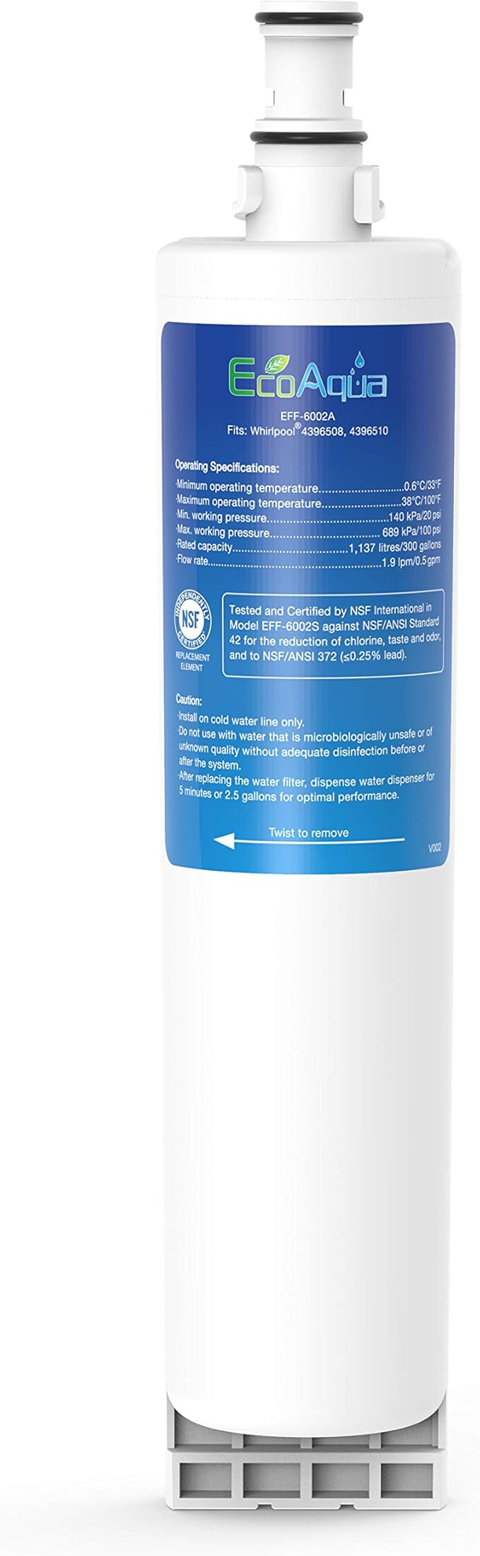 EcoAqua 4396508 Refrigerator Water Filter, Replacement for Everydrop® Filter 5, EDR5RXD1, Whirlpool® WF-NLC240V, 4396510, NLC240V, PNL240V, 4396508p, 4396547, 4392857, LC400V, 1-Pack