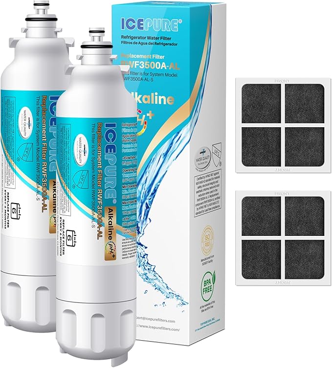 ICEPURE Alkaline ADQ73613401 Refrigerator Water Filter and Air Filter Replacement for LG LT800P, LT800PC, ADQ75795104, ADQ736134, ADQ73613402 Kenmore 9490 LSXS26326S LSXS26366S, Enhances PH, 2Combo