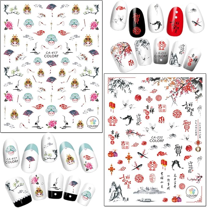 Chinese Style Nail Art Stickers, Flowers Nail Art Decals 3D Self-Adhesive Nail Sticker Design Holographic Floral Chinese Classical Beauty Nail Decal Supplies for Women Girls Manicure DIY Decorations