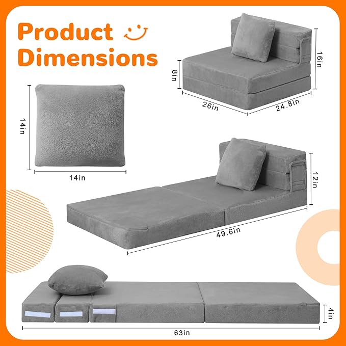 MeMoreCool Foldable Futon Chair Bed for Kids, Grey Tri-fold Convertible Toddler Sofa Mattress, Foam Floor Couch for Sitting
