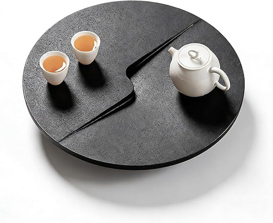 Small Round Coffee Table Tea Tray, Stacking Tea Tray, Rock Board Desktop with a Water-Collecting Base, It can be Placed on a Coffee Table(41cm/16.1in)