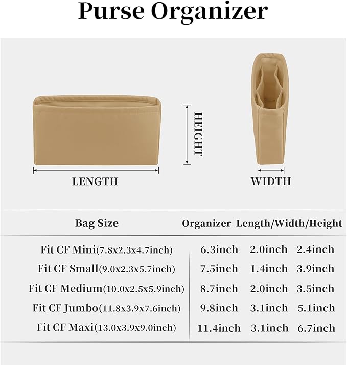 Classic Flap Bag Organizer Insert, Purse Organizer Insert Compatible with Chanel Classic Flap Mini, Lightweight Purse Divider with Pockets (Chai, CF Mini)