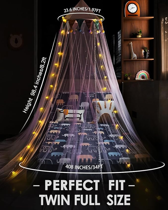 Princess Bed Canopy with Star Lights for Girls, Play Tent Canopy Bed Curtain Indoor Room Decor Stuff Gift for Kid Boys Bunk Twin Full Size Bed Reading Nook Hanging Dome Mosquito Net Pink