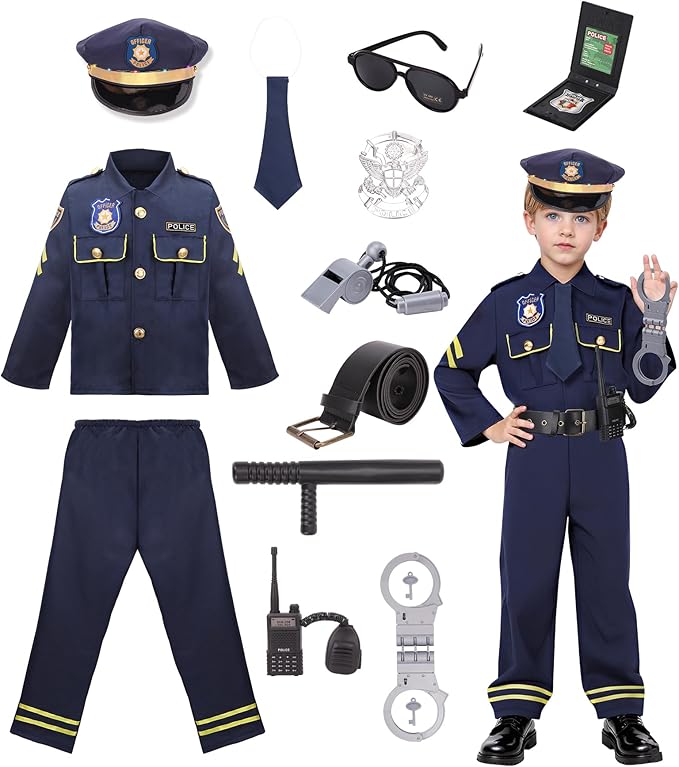 LOYO Police Costume for Kids - Boys Police Officer Costume with Light Up Hat, Halloween Kids Cop Uniform Dress Up Ages 3-12(XL,10-12 Years)