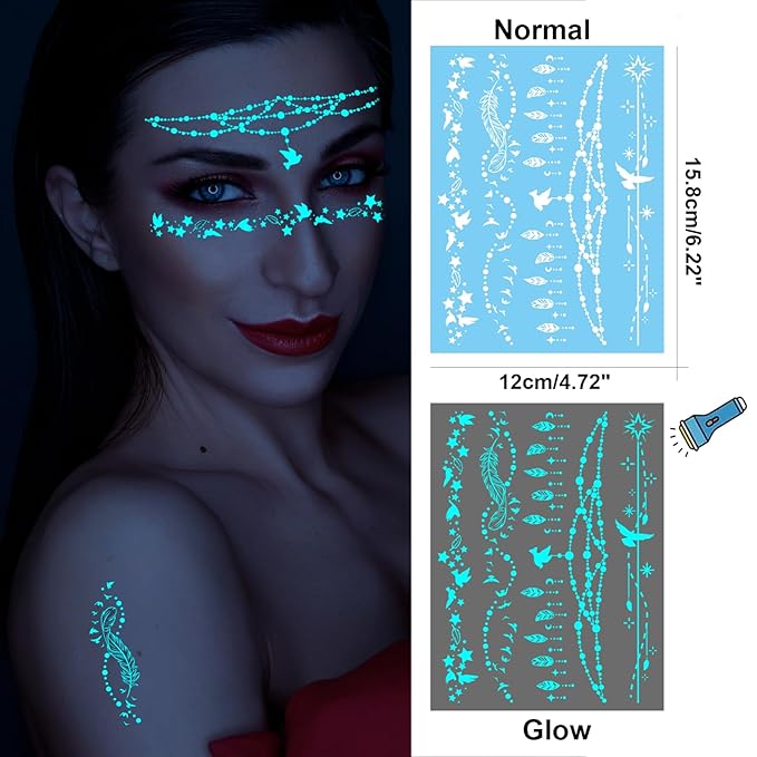 Realistic Butterfly Blue Glow in the Dark Tattoo Temporary for Adult Women, Luminous Flower Butterfly Leaf Face Fake Tattoo Sticker Girl Arm Hand, Sexy Floral Moth Temp Tatoo Body Art Makeup, 9-Sheet