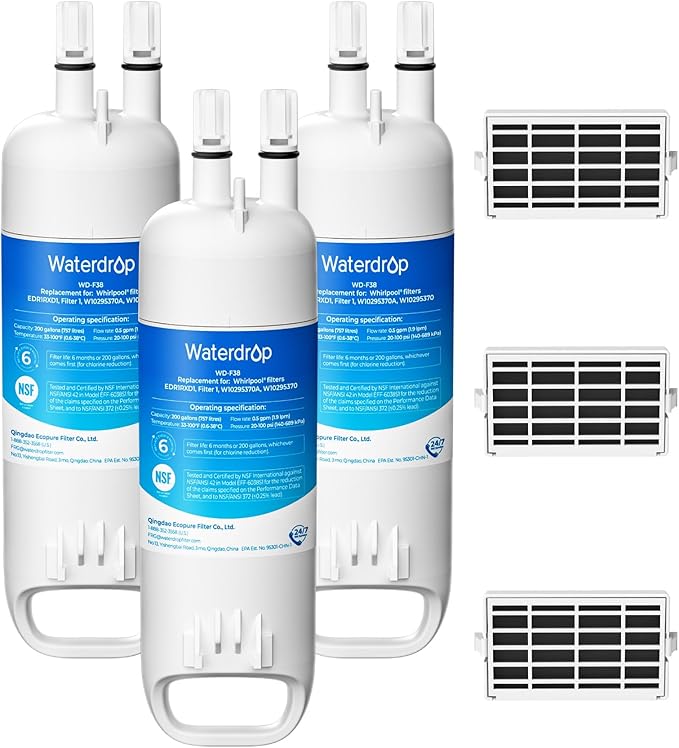 Waterdrop EDR1RXD1 Refrigerator Water Filter Replacement for Everydrop® Filter 1, W10295370A and Air Filter Replacement for Whirlpool® W10311524, FreshFlow AIR 1, 3 Combo