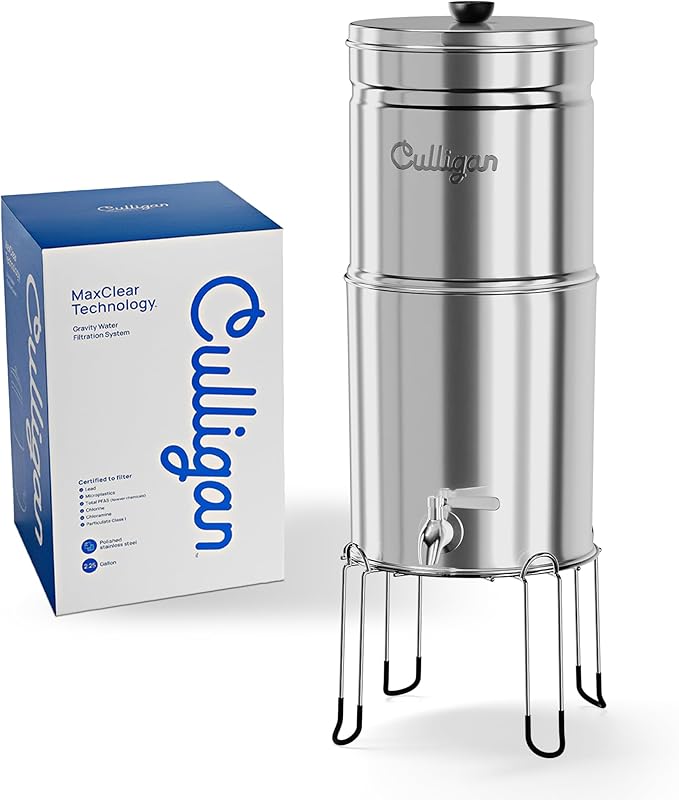 Culligan MaxClear 2.25 Gallon Gravity Water Filter System, Removes Microplastics, PFAS & Lead, NSF/ANSI Certified, Polished Stainless-Steel Countertop Filter with 1 Ceramic Filter
