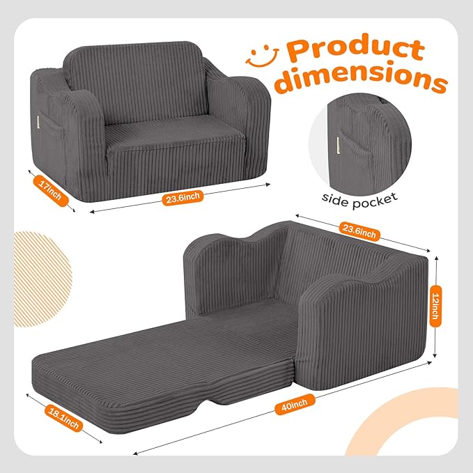 MeMoreCool Toddler Chair Comfy for 1-3 Years Old, Corduroy Kids Couch Bed Fold Out, 2-in-1 Foldable Baby Lounge Chair, Pull Out Children Sofa Bed, Dark Grey