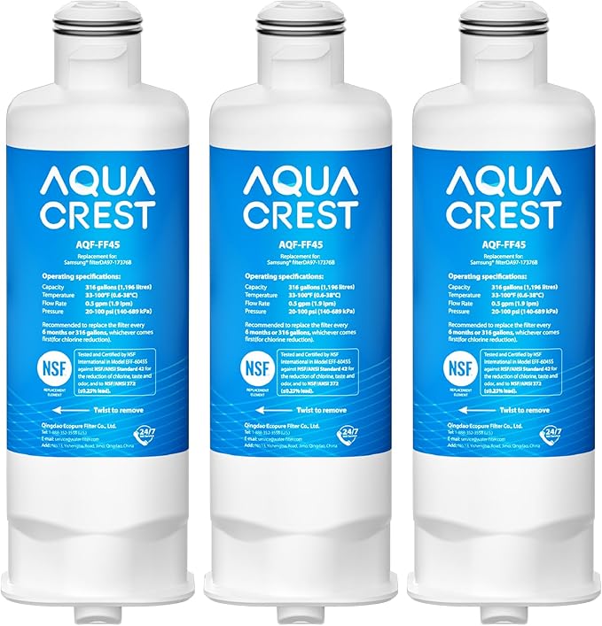 AQUA CREST DA97-17376B Replacement for Samsung® DA97-08006C, HAF-QIN/EXP, RS27T5200SR, RF28T5001SR, RF24R7201SR, RF28R6201SR, AQF-FF45, Refrigerator Water Filter, 3 Pack