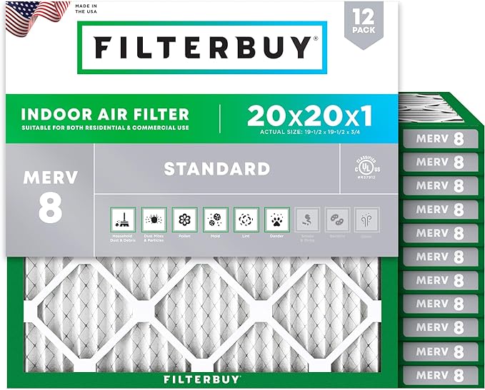 Filterbuy 20x20x1 Air Filter MERV 8 Essential Dust & Allergy Defense (12-Pack), Electrostatic Pleated HVAC AC Furnace Filters Replacement (Actual Size: 19.50 x 19.50 x 0.75)