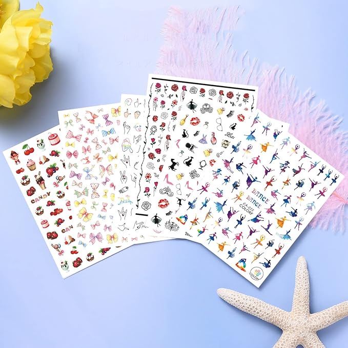 Nail Art Adhesive Sticker Holographic Cake Candy Rose Bow-knot Lips Ballet Gesture Nail Art Decals Design 3D Nail Art Supplies for Women Girls Manicure Tips Charms Decorations DIY Nail Decal(6 Sheets)