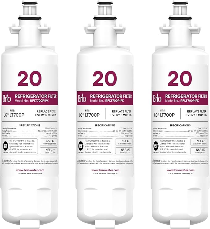 Brio Replacement Refrigerator Filters for LG® LT700P, Sears®, Kenmore® 9690 | Significantly reduces unpleasant Tastes, Odors, Chlorine, and VOCs from Fridge Water & Ice | NSF Certified - (Pack of 3)