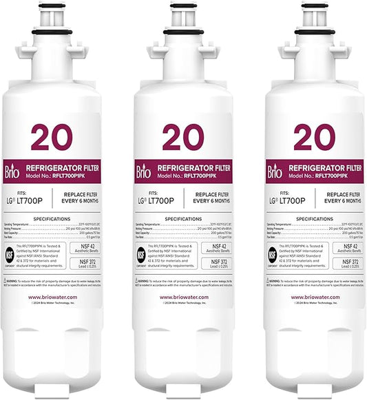 Brio Replacement Refrigerator Filters for LG® LT700P, Sears®, Kenmore® 9690 | Significantly reduces unpleasant Tastes, Odors, Chlorine, and VOCs from Fridge Water & Ice | NSF Certified - (Pack of 3)