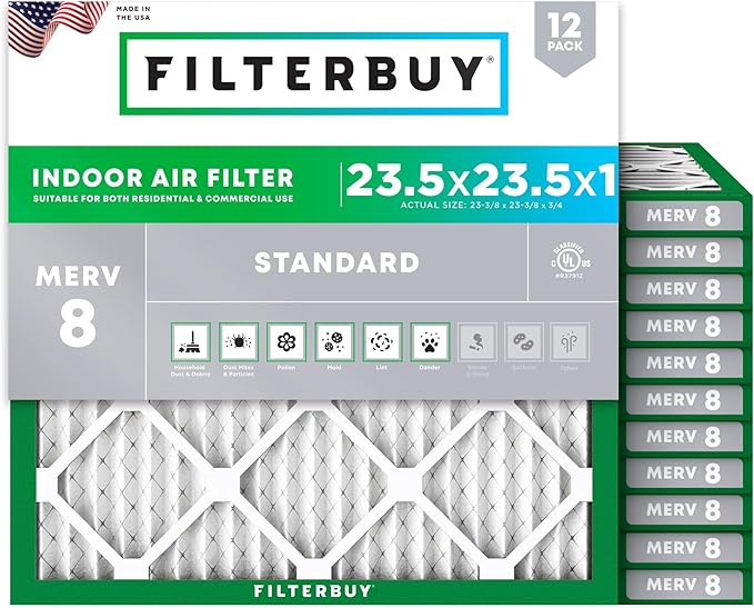 Filterbuy 23.5x23.5x1 Air Filter MERV 8 Essential Dust & Allergy Defense (12-Pack), Electrostatic Pleated HVAC AC Furnace Filters Replacement (Actual Size: 23.38 x 23.38 x 0.75)