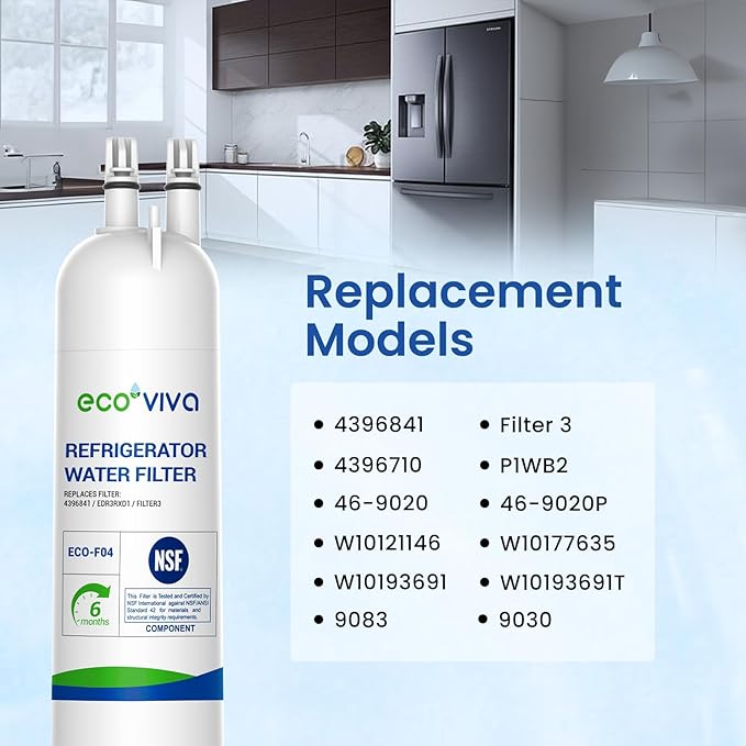 Ecoviva EDR3RXD1 Replacement Water Filter, Compatible with Whirlpool 4396841, Filter 3, 4396710, P1WB2, Kenmore 46-9020, 46-9020P, PUR W10121145,W10121146 Refrigerator Water Filter, 3 Filters