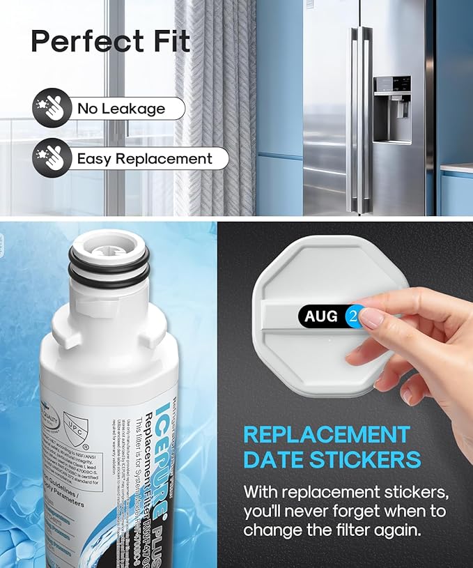 ICEPURE PLUS ADQ747935 NSF/ANSI 53 & 42 Certified Refrigerator Water Filter, Remove Lead, Replacement for LG LT1000P/PC/PCS, Kenmore 9980, MDJ64844601, ADQ74793501, ADQ74793502, LMXS28626S, 2PACK