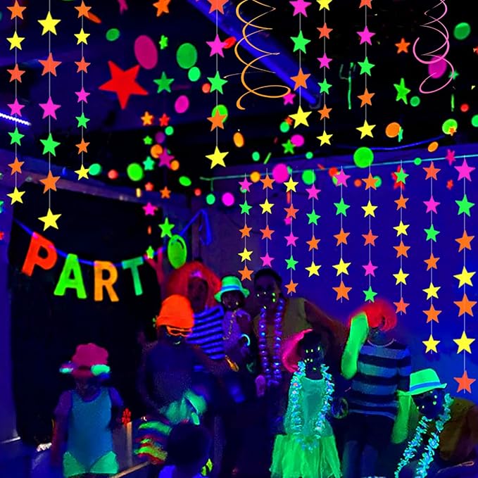 120feet Star UV Neon Garland Hanging Paper Glow in The Dark Glow Party Supplies and Decorations Blacklight Reactive Fluorescent Black Light Kit Neon Party Birthday Wedding