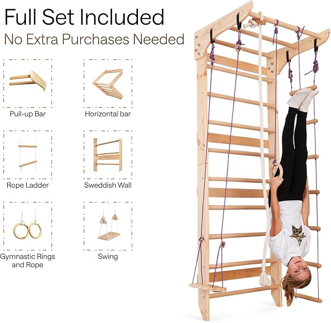 WEDANTA Wooden Swedish Ladder Wall Set – Kids Stall Bars for Exercise – Kids Swedish Gymnastic Wall Gym – Wood Stall Bar Gymnastics Playground – Best Gym for All Family