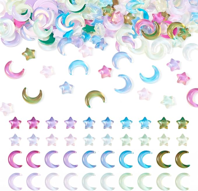 160Pcs Moon Star Nail Charms Crystals Star Moon Nail Gems Crescent Moon Glass Flatback Cabochons Nail Rhinestones 3D Nail Art Jewelry for Manicure Phone Case Mirror Decoration