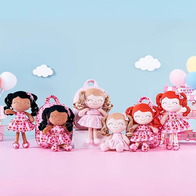 Gloveleya Toddler Girls Backpack Baby Girl Gifts Curly Hair Dolls I Love You Plush Doll with Heart Printed Dress Love Series 9inches