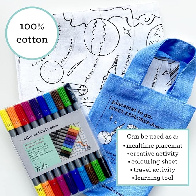 eatsleepdoodle Space, Planets and Spacecraft Cotton placemat to Color-in, Educational Solar System Coloring Placemat, Washable Felt tip Fabric Markers Included