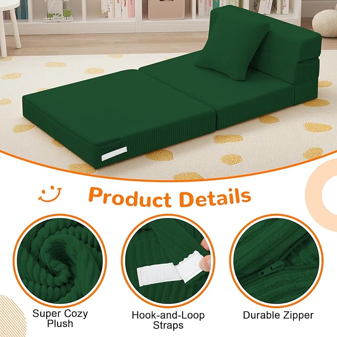 MeMoreCool Folding Sofa for Kids, Corduroy Fold Out Futon Chair, Small Foldable Floor Mattress, Portable Children Couch Sofa, Green