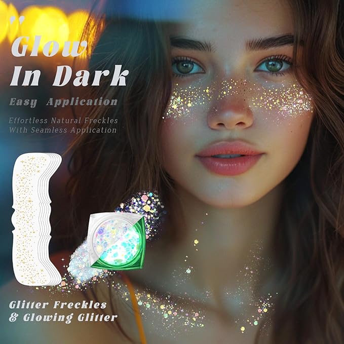 Noerrors Glitter Freckles Glow in Dark Mermaid Face Glitter Set Star Gold Freckle Makeup Patches Nightglow Sparkle Shimmer Cute Faux Speckles Tattoo Sticker for Singer Music Festival Christmas Party