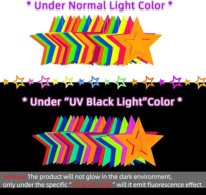 126feet UV Neon Streamers Hollowed Star Hanging Paper Glow Garland Neon Glow in The Dark Party Supplies and Decorations Blacklight Reactive Fluorescent Black Light Party Kit for Birthday Wedding