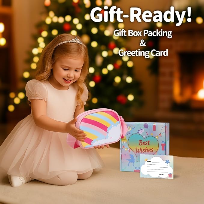 Girls Purse with Gift Box - Little Girl Purse for 3 4 5 6 7 8 Year Old Kids Birthday Christmas Gifts Cute Kids Crossbody Bag with Adjustable Strap, Pink Rainbow