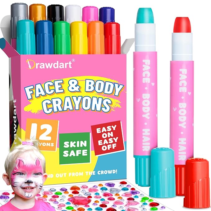 Face Painting Kit for Kids- 12 Vibrant Colors Face Paint Crayons- Safe and Washable Face Paint Sticks for Adults Kids Party, Halloween, Birthday Makeup